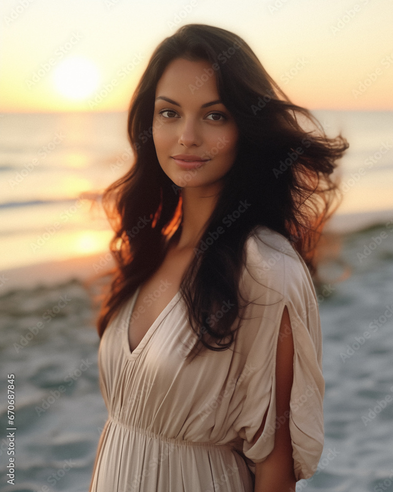Stunning Tan Brunette Woman in White Dress on Beach at Sunset Stunning Tan Brunette Woman in White Dress on Beach at Sunset