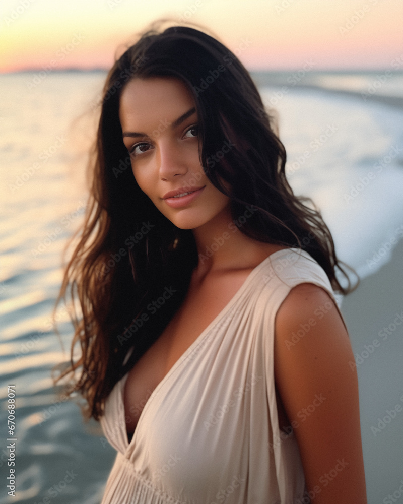 Stunning Tan Brunette Woman in White Dress on Beach at Sunset Stunning Tan Brunette Woman in White Dress on Beach at Sunset