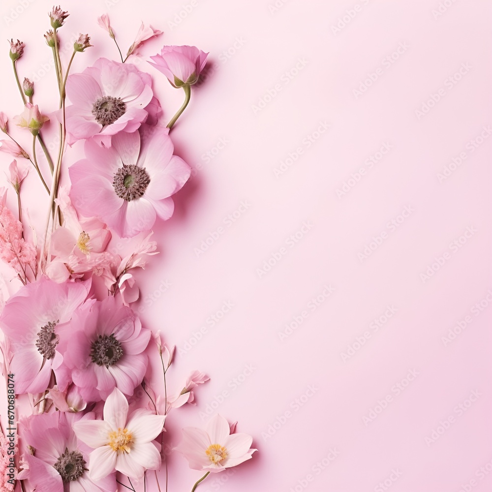 Banner with flowers on light pink background. Greeting card template for Wedding, mothers or womans day. Springtime composition with copy space. Flat lay style Banner with flowers on light pink background. Greeting card template for Wedding, mothers or womans day. Springtime composition with copy space. Flat lay style