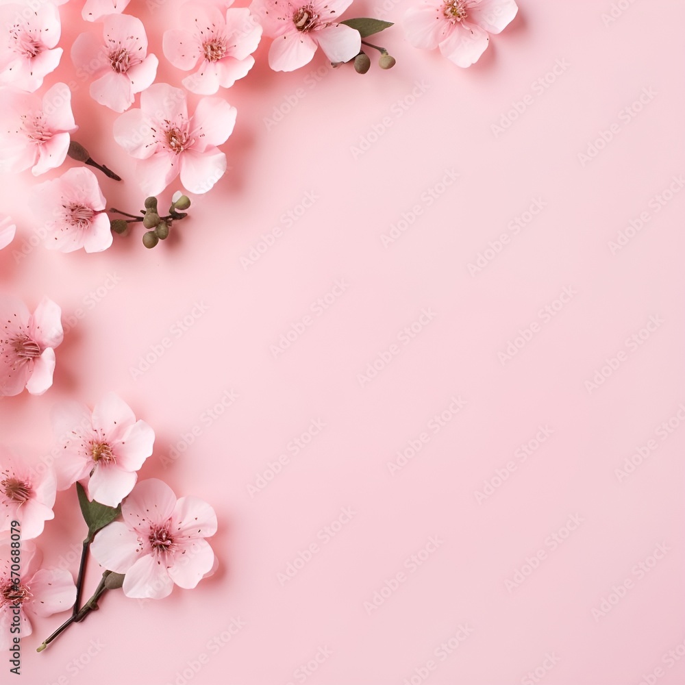 Banner with flowers on light pink background. Greeting card template for Wedding, mothers or womans day. Springtime composition with copy space. Flat lay style Banner with flowers on light pink background. Greeting card template for Wedding, mothers or womans day. Springtime composition with copy space. Flat lay style