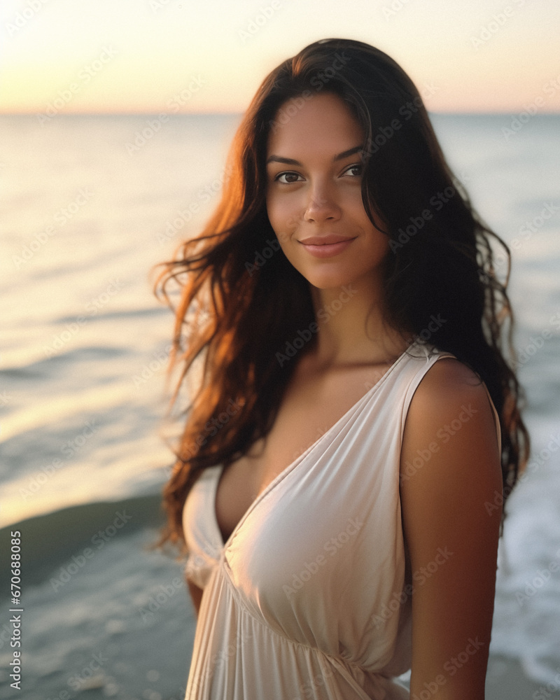 Stunning Tan Brunette Woman in White Dress on Beach at Sunset Stunning Tan Brunette Woman in White Dress on Beach at Sunset
