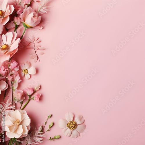Banner with flowers on light pink background. Greeting card template for Wedding, mothers or womans day. Springtime composition with copy space. Flat lay style