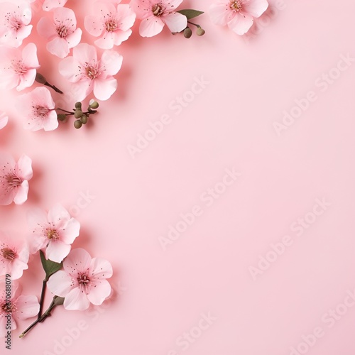 Banner with flowers on light pink background. Greeting card template for Wedding, mothers or womans day. Springtime composition with copy space. Flat lay style © Benni