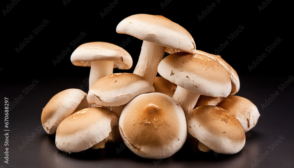 Fresh porcini mushrooms, known for their distinct flavor and robustness, isolated on a black background Fresh porcini mushrooms, known for their distinct flavor and robustness, isolated on a black background