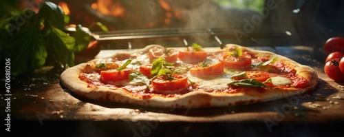 Close up front view of fresh hot pizza from retaurant oven, junk food panorama. Generative Ai.