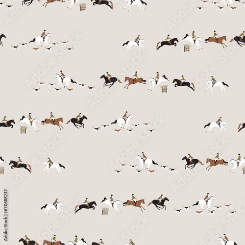 Seamless vector pattern, horse hunting, a group of riders galloping accompanied by hounds
