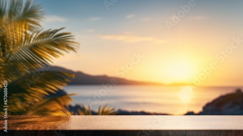 Tropical summer sea sunset vibe wooden tabletop for product placement with blurred background. Frontal view mockup design.