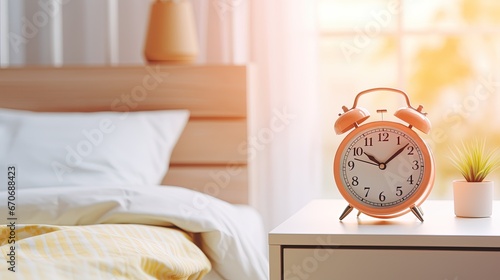 Alarm clock stands on the bedside table near the bed