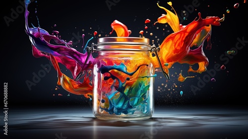 Splashes of multicolored paint fly out of the jar