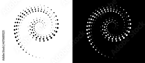 Halftone dots in spiral. Modern abstract background. Design element or icon, logo. Black shape on a white background and the same white shape on the black side.