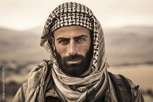 Portrait of an Arab man looking at the camera covered with a traditional black and white Arabic scarf. photo