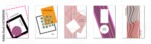 Geometric cover design, set of 5 covers. Abstract unusual background in Memphis style. Bright geometric shapes in random order