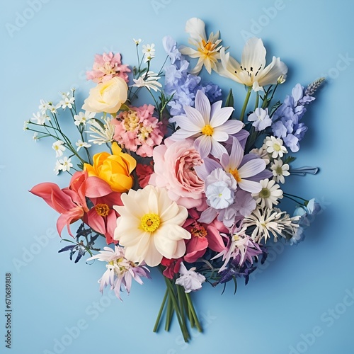 Bouquet of beautiful spring flowers on pastel blue table top view. Flat lay