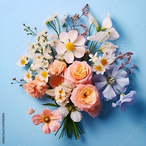 Bouquet of beautiful spring flowers on pastel blue table top view. Flat lay