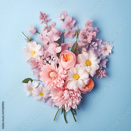 Bouquet of beautiful spring flowers on pastel blue table top view. Flat lay