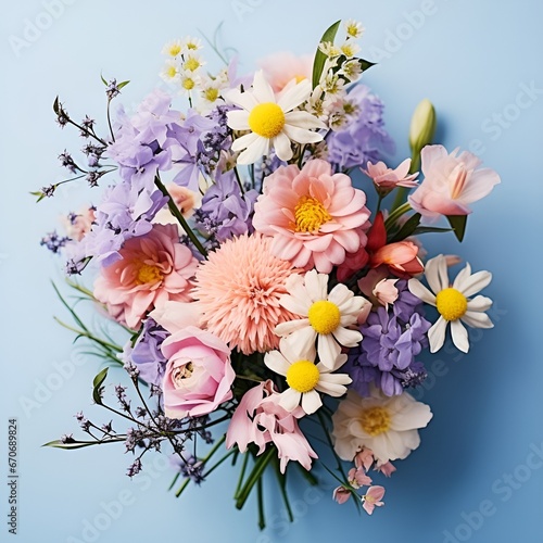 Bouquet of beautiful spring flowers on pastel blue table top view. Flat lay