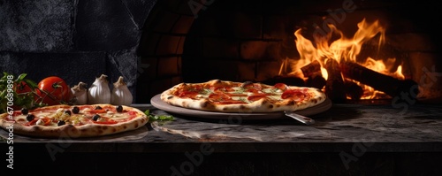 Close up front view of fresh hot pizza on black stone luxury table  junk food panorama. Generative Ai.