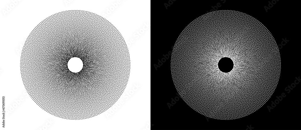 Abstract background with many parts of lines in circle. Art design spiral as logo or icon. A black figure on a white background and an equally white figure on the black side. - obrazy, fototapety, plakaty 