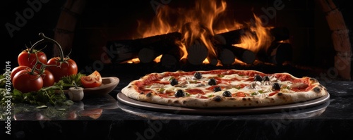 Close up front view of fresh hot pizza on black stone luxury table, junk food panorama. Generative Ai.