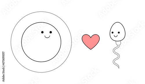 Egg cell and sperm in cute cartoon style. Human fertilization isolated vector illustration.