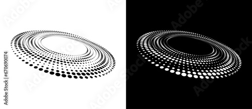 Abstract background with dots in spiral with perspective. Art design circle as logo or icon. A black figure on a white background and an equally white figure on the black side.