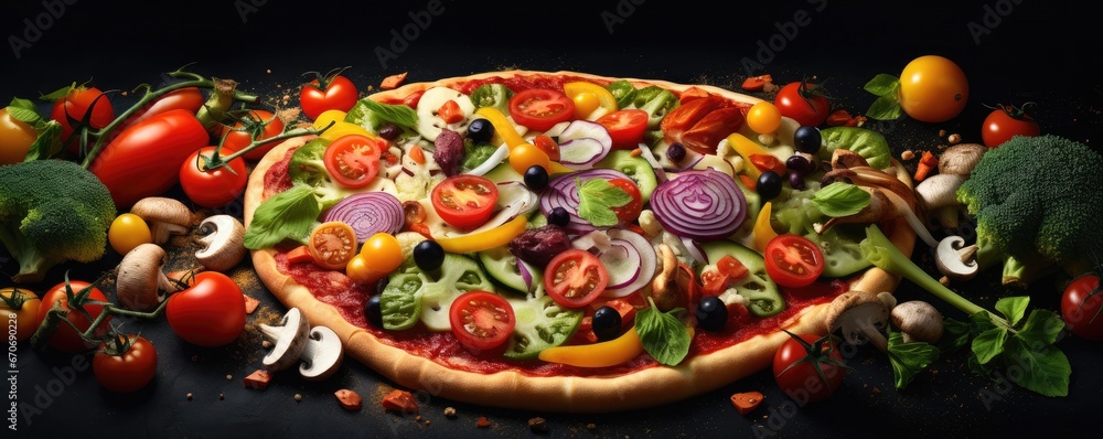 Close up front view of fresh hot pizza on black stone luxury table, junk food panorama. Generative Ai. Close up front view of fresh hot pizza on black stone luxury table, junk food panorama. Generative Ai.
