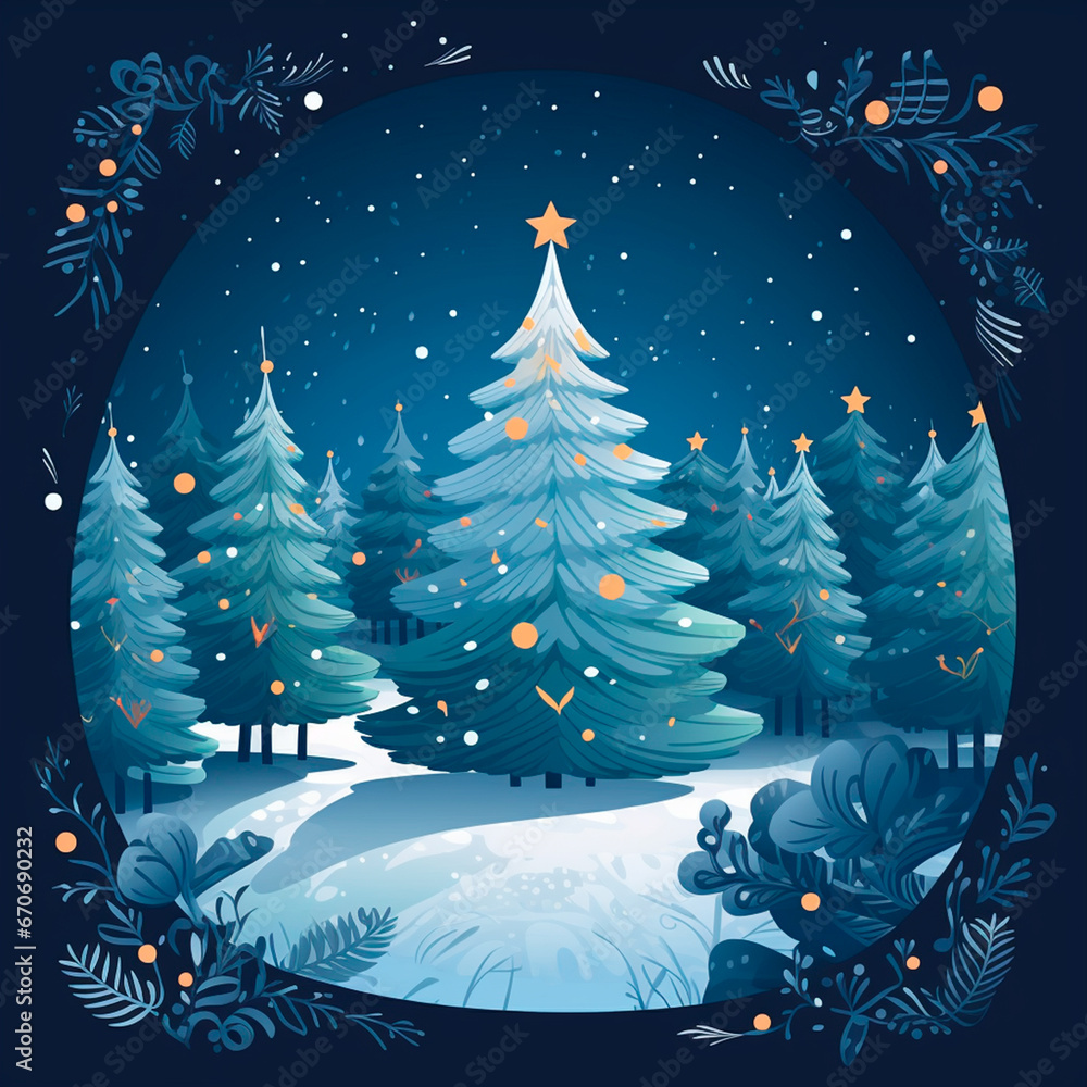 christmas postcard with winter landscape and decorated Christmas tree