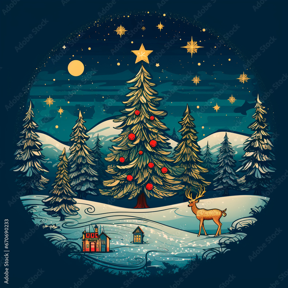 christmas postcard with winter landscape, reindeer and decorated Christmas tree