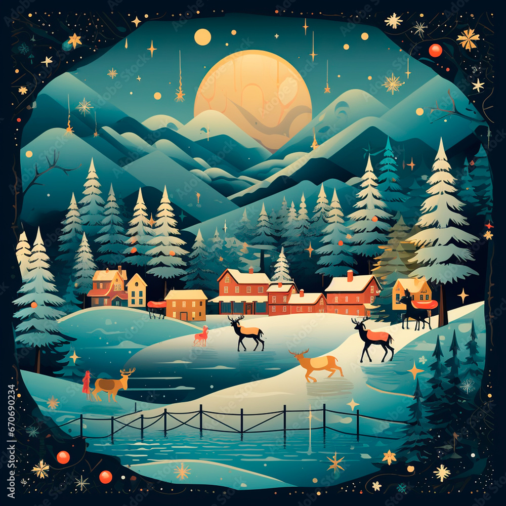 christmas postcard with winter landscape, reindeer and snowy trees