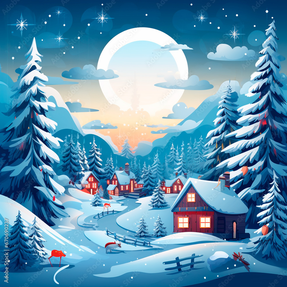 christmas postcard with winter landscape with christmas tree, with little red houses