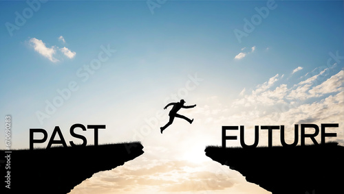 Conceptual business man jumping over gap between past to future photo