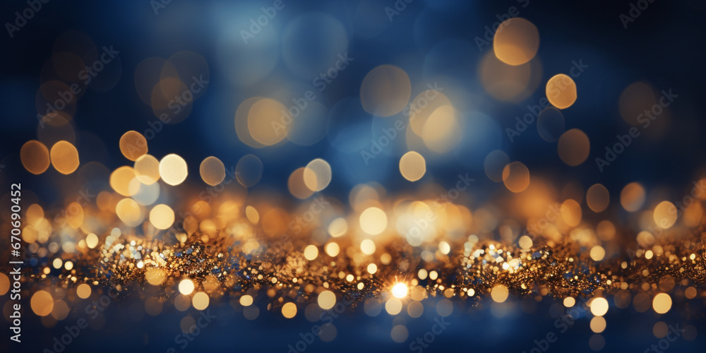 Festive magic gold flying glitter on Dark Blue Background  with sparkles and New Year's bokeh for cards or wallpapers  - obrazy, fototapety, plakaty 