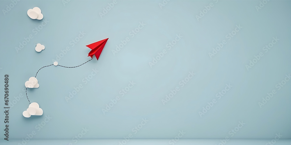 Red paper plane flying in the sky blue background - obrazy, fototapety, plakaty 