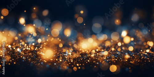 Festive magic gold flying glitter on Dark Blue Background  with sparkles and New Year's bokeh for cards or wallpapers  photo