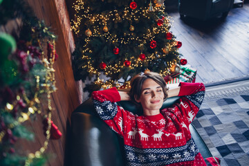 Spending at home young girl brown bob hair hands head chilling attractive person pretty dreams enjoying christmas time isolated indoors