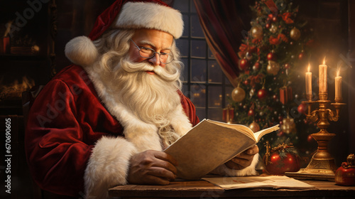 Santa Claus reads letters and prepares gifts, magical Christmas night