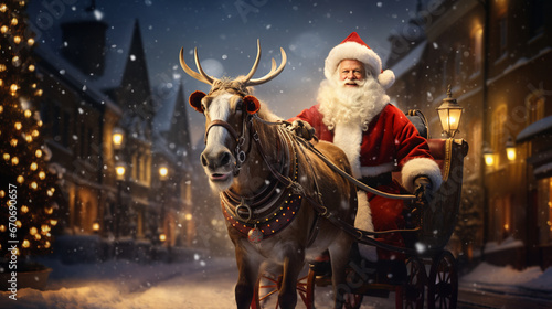 Santa Claus with Christmas gifts and his reindeer on a fabulous New Year's Eve