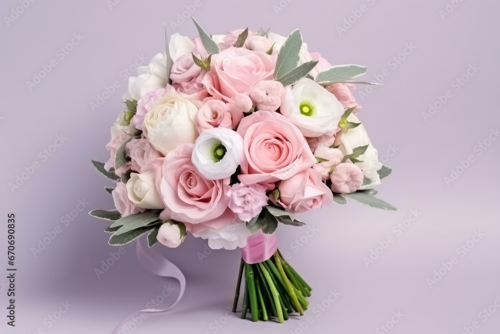Bridal bouquet of pink and white roses on a purple background. Close-up. Generative Ai