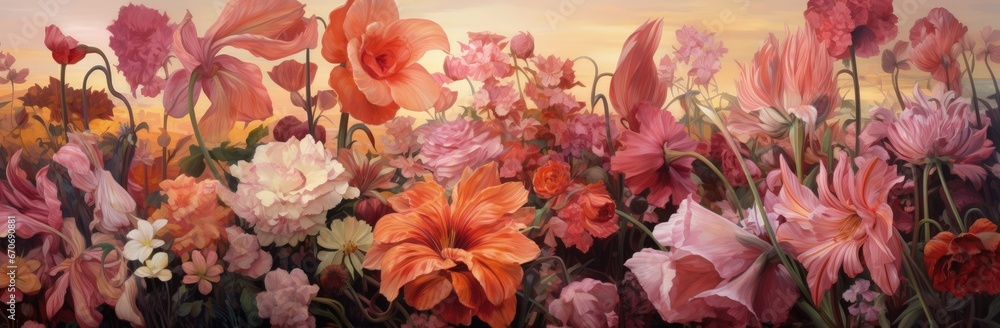 Vibrant Field of Colorful Flowers at Sunset Vibrant Field of Colorful Flowers at Sunset