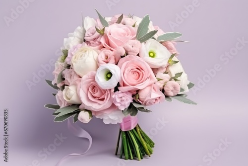 Bridal bouquet of pink and white roses on a purple background. Close-up. Generative Ai © vassileva_t
