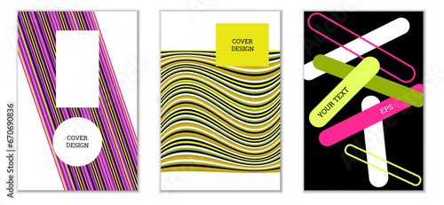 Geometric cover design, set of 3 covers. Abstract unusual background in Memphis style. Bright geometric shapes in random order