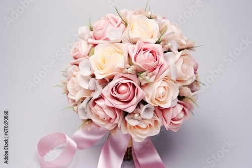 Bridal bouquet of pink and white roses on a white background. Close-up. Generative Ai