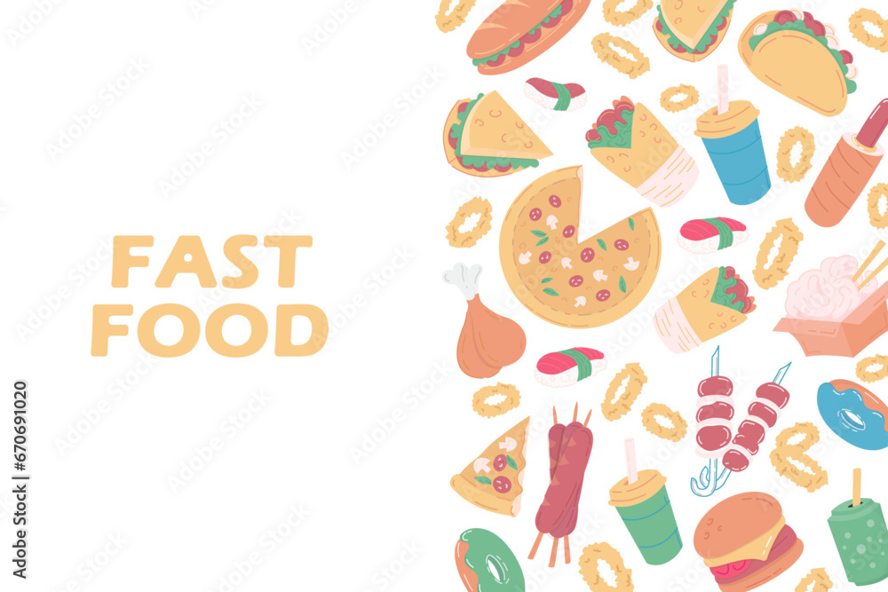 BAckground composition of fast food, drinks flat icons. restaurant or food truck Background