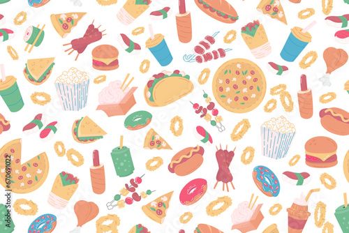 seamless pattern of fast food, drinks flat icons. restaurant or food truck Background