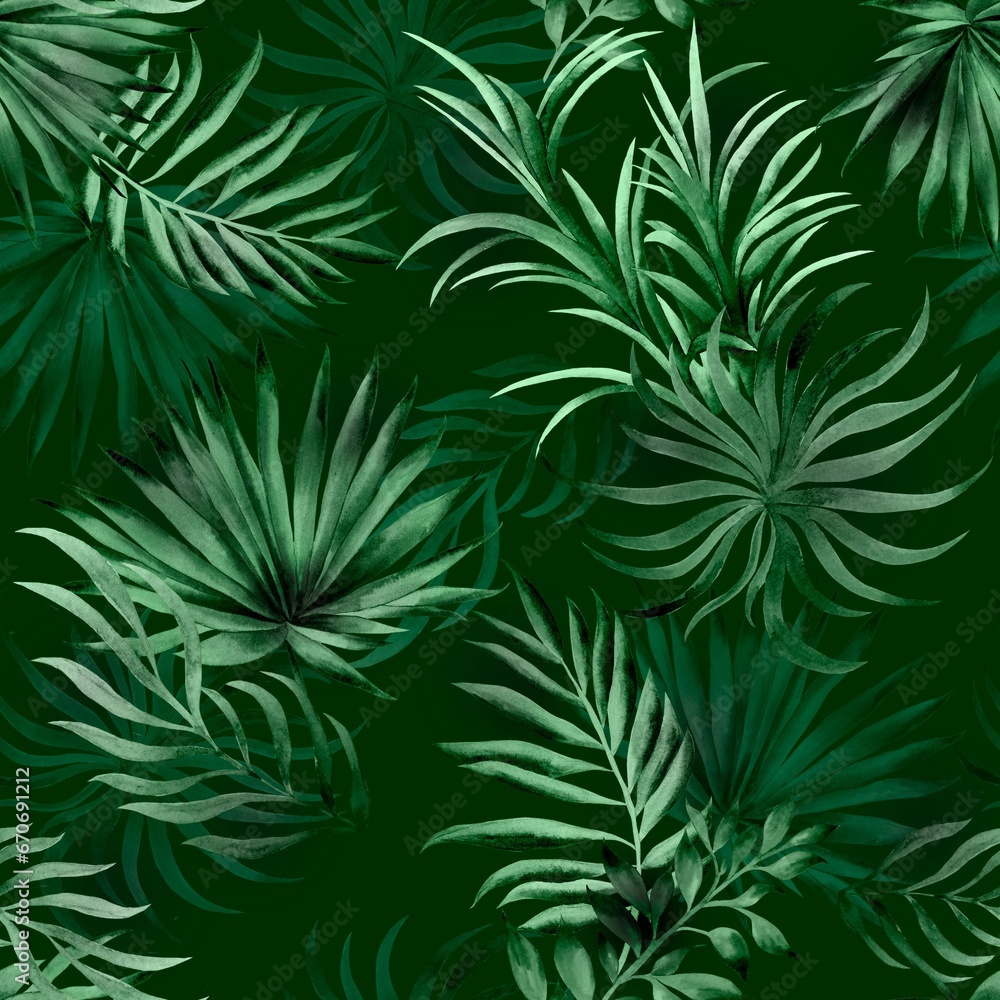 Green foliage pattern, watercolor handmade, tropical seamless, leaves