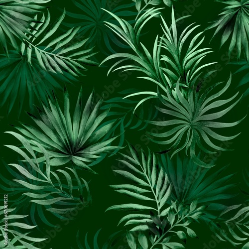 Green foliage pattern  watercolor handmade  tropical seamless  leaves
