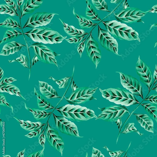 Watercolor leaves pattern, seamless, blue background, tropical green foliages