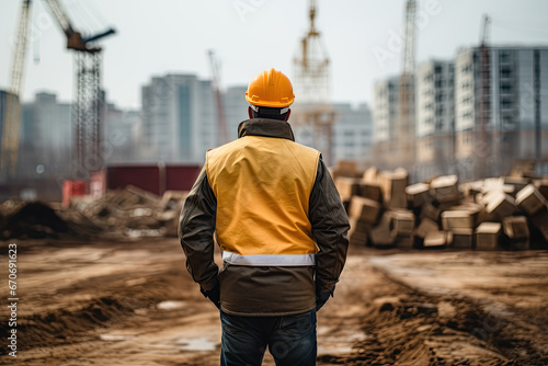 A construction worker in a work jacket and yellow hard hat stands with his back to the camera with his hands in his pockets on a blurred background of a construction site with construction cranes. photo