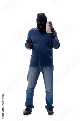 Young male burglar stealing money isolated on white