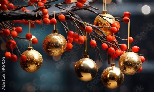 A branch with golden Christmas balls and red decorations